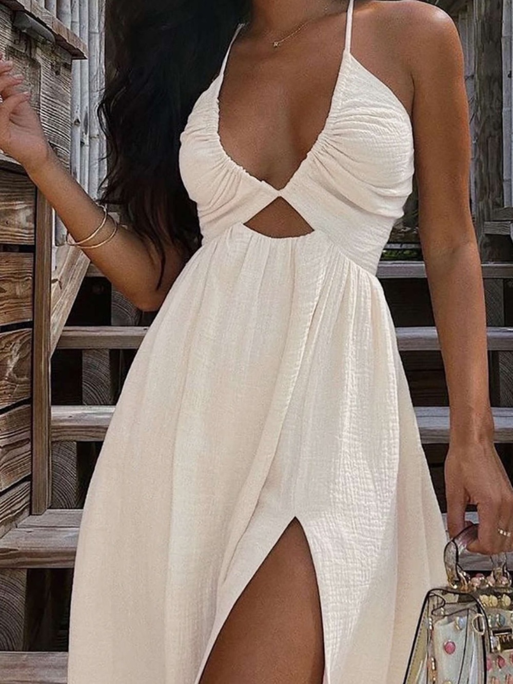 MICAS Backless V-Neck Slit Midi Dress in Cream